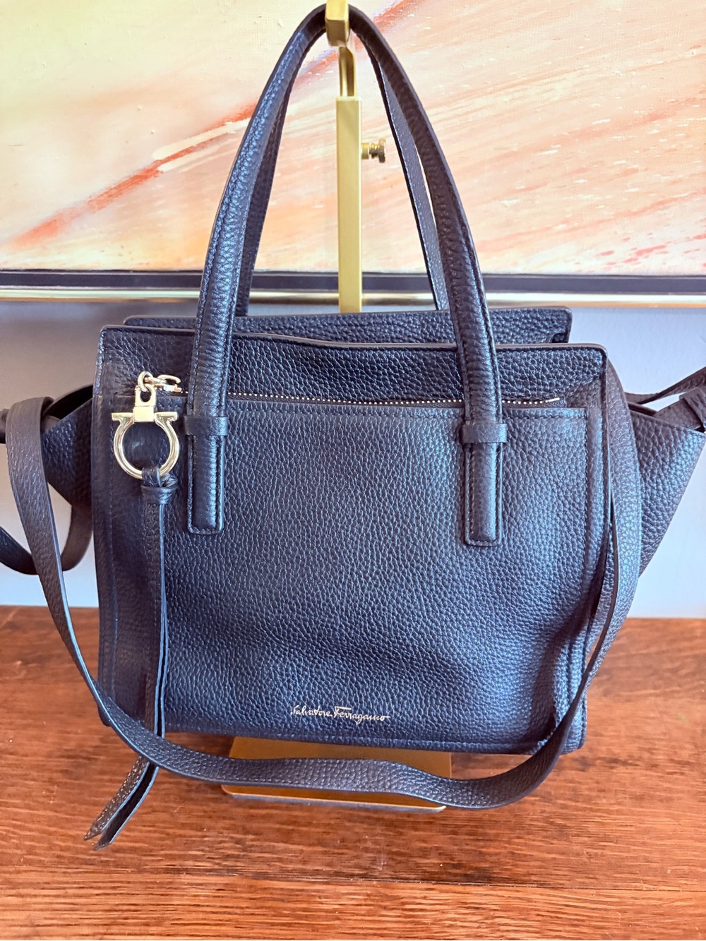 Salvatore Ferragamo Amy Pebble Black Leather Tote Small